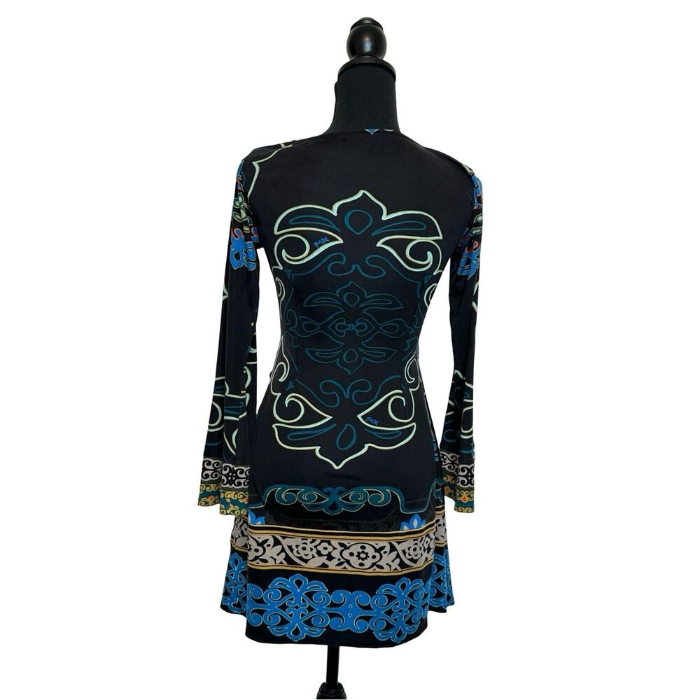 HALE BOB 100% Silk Deep V Neck Patterned Mini Dress Long Bell Sleeves Size XS - Picture 11 of 17